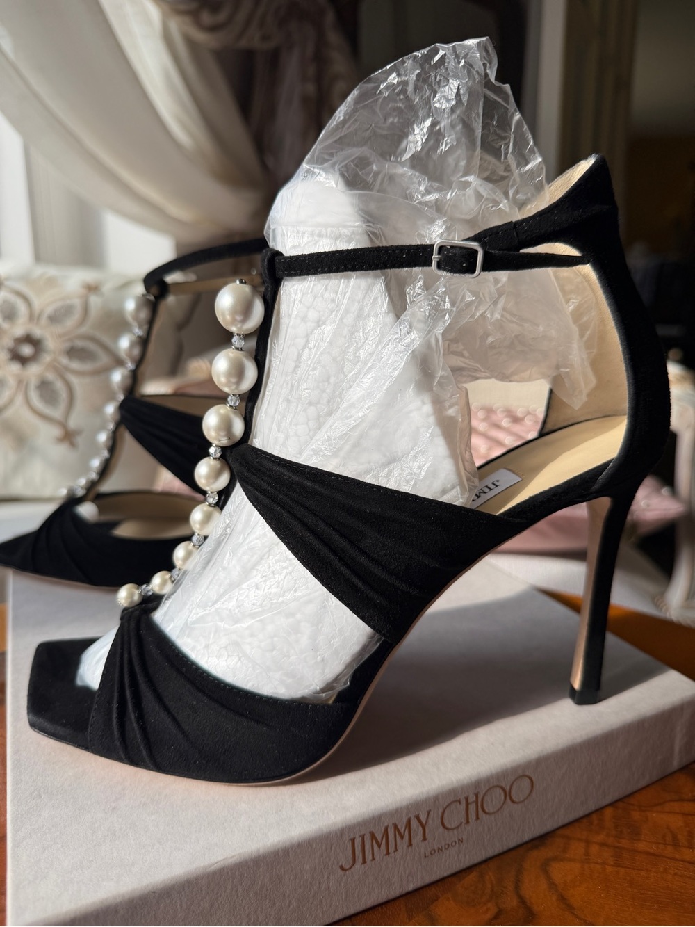 Jimmy Choo Aura 95 Black Pearl-T-Strap Stiletto Sandals